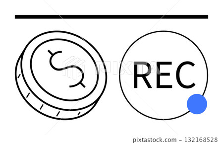 Coin with dollar sign next to a circle labeled REC with blue dot. Ideal for finance, digital media, recording, podcasts, broadcasts, financial services, creative industries. Line metaphor Coin with dollar sign next to a circle labeled REC with blue dot. Ideal for finance, digital media, recording, podcasts, broadcasts, financial services, creative industries. Line metaphor 132168528