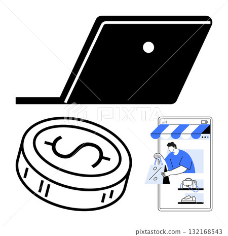 Laptop, coin with dollar symbol, person purchasing items online using mobile device. Ideal for e-commerce, online shopping, digital transactions, fintech, mobile apps retail user experience. Line Laptop, coin with dollar symbol, person purchasing items online using mobile device. Ideal for e-commerce, online shopping, digital transactions, fintech, mobile apps retail user experience. Line 132168543
