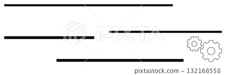 Black horizontal lines of varying lengths and two interlocking gears in the lower right corner. Ideal for process flow, progress tracking, mechanical systems, automation, engineering, project 132168558