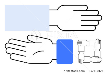 Hands in different poses with one showing unity by forming a square link. Ideal for teamwork, cooperation, support, connection, collaboration, partnership, community. Line metaphor 132168699