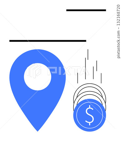Blue location pin beside coins stack with dollar sign, lines for movement. Ideal for finance, investments, location-based services, economic growth, business strategies, navigation, and tech Blue location pin beside coins stack with dollar sign, lines for movement. Ideal for finance, investments, location-based services, economic growth, business strategies, navigation, and tech 132168720