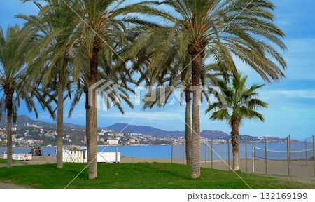 A vibrant, sunlit photograph capturing a quintessential Mediterranean beach scene in Malaga, Spain. In the foreground A vibrant, sunlit photograph capturing a quintessential Mediterranean beach scene in Malaga, Spain. In the foreground 132169199