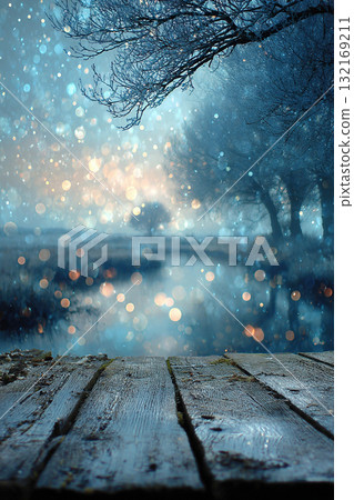 Wooden empty floor with view of winter landscape. Wooden empty floor with view of winter landscape. 132169211