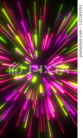 Vibrant explosion of colorful neon light rays radiating from the center, symbolizing energy and celebration 132169261