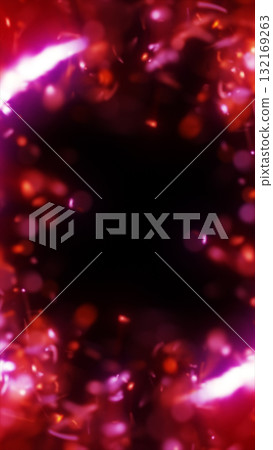 Abstract glowing red and pink luminous particles forming a radiant digital frame on a dark background 132169263