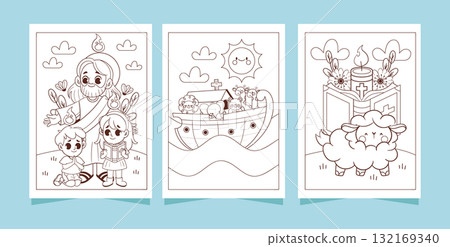 Religious themed vertical cards with children lamb bible and candle in Flat cartoon style 132169340