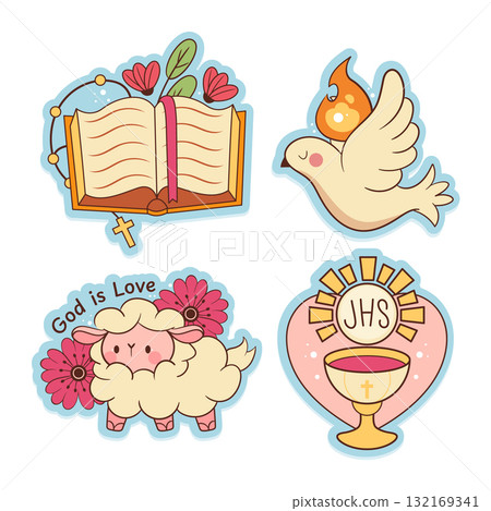 Mini religious illustration icons with book candle dove and lamb in cartoon style Mini religious illustration icons with book candle dove and lamb in cartoon style 132169341
