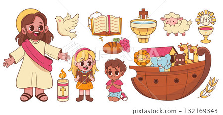 Collection of religious symbol elements with biblical scenes in cartoon style Collection of religious symbol elements with biblical scenes in cartoon style 132169343
