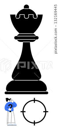 Person with a question mark stands near a large chess piece and a target symbol. Ideal for strategic thinking, decision-making, problem-solving, critical thinking, planning, challenge, goal-setting 132169445
