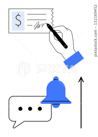Hand writing check speech bubble with ellipsis bell upward arrow in black and blue. Ideal for finance, communication, notifications, banking, reminders, growth, simplicity. Line metaphor 132169452