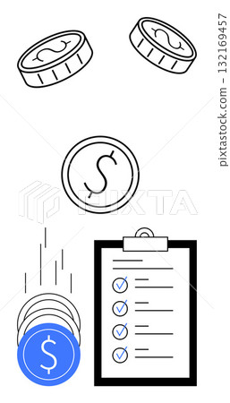 Coins falling and clipboard with checklist representing financial planning, budget management, and investment. Ideal for finance education, budgeting, investment advice, savings, expense tracking 132169457