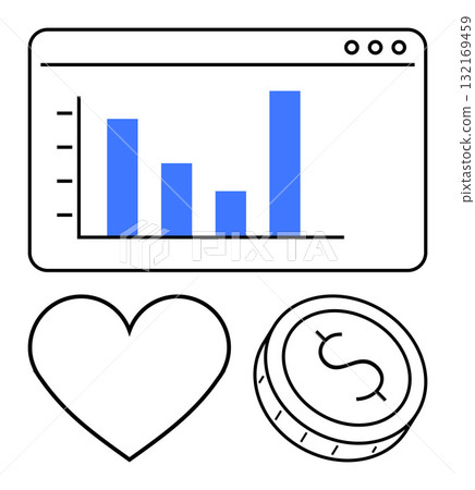 Bar graph in browser window, heart shape, and coin icon. Ideal for business analytics, financial growth, success metrics, market trends, online performance economic health user engagement. Line Bar graph in browser window, heart shape, and coin icon. Ideal for business analytics, financial growth, success metrics, market trends, online performance economic health user engagement. Line 132169459