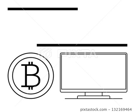 Bitcoin logo near computer screen, signifying digital currency and blockchain. Ideal for cryptocurrency, blockchain, financial technology, online payments, tech startups, investment, digital 132169464