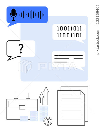 Microphone voice commands, binary code, chat bubbles, briefcase, growth chart, currency symbol, and documents. Ideal for technology, business growth communication data analysis financial planning 132169465