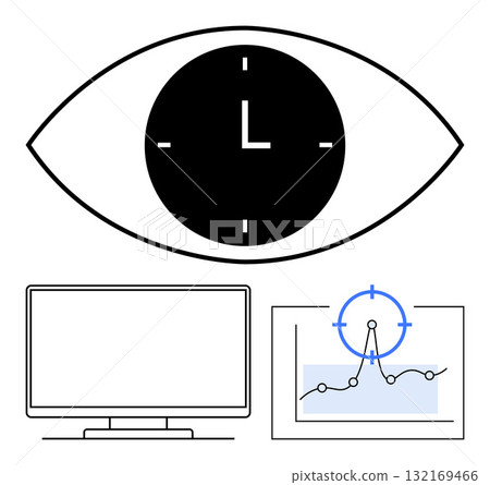 Eye shape containing clock, desktop monitor, and chart with target icon. Ideal for time management, productivity, data analysis, workplace efficiency, technology, goal tracking visual analytics 132169466