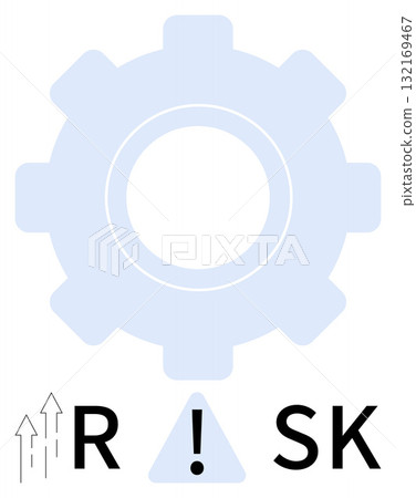 Gear with exclamation point in triangle representing the word RISK with upwards arrows indicating increase. Ideal for business, finance, warning, safety, prevention, strategy, management. Line 132169467