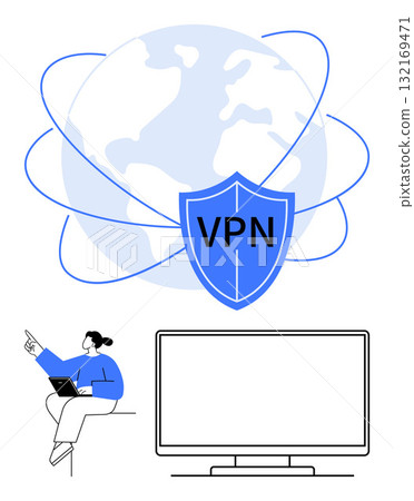 Woman with laptop points at large VPN shield...-插圖素材 [132169471] - PIXTA圖庫