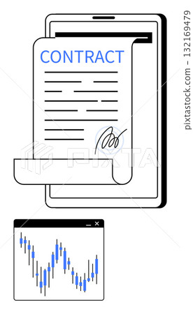 Digital contract signed on a tablet screen, includes candlestick chart. Ideal for business agreements, e-signatures, financial analysis, investment, tech solutions, digital business legal tech. Line 132169479