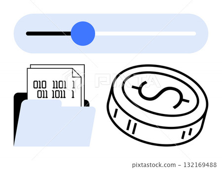 Binary code files in a folder, coin with dollar sign, and a horizontal slider. Ideal for finance, data management, cybersecurity, digital transactions, coding data privacy blockchain. Line metaphor Binary code files in a folder, coin with dollar sign, and a horizontal slider. Ideal for finance, data management, cybersecurity, digital transactions, coding data privacy blockchain. Line metaphor 132169488
