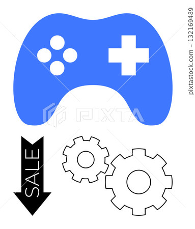 Blue gaming controller with cross and circle buttons, two gears, and downward arrow with sale text. Ideal for gaming discounts, tech sales, marketing strategies, gaming blogs, software updates 132169489