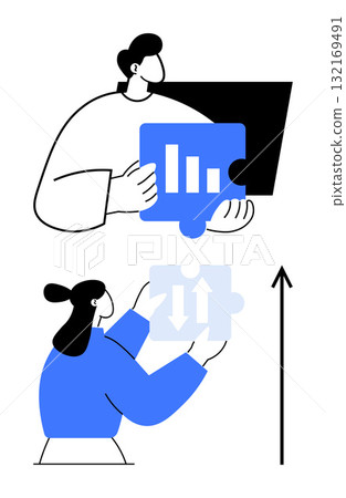 Two characters interact with puzzle pieces featuring graphs and arrows. Ideal for teamwork, innovation, strategy, growth, collaboration, problem-solving, analysis. Line metaphor Two characters interact with puzzle pieces featuring graphs and arrows. Ideal for teamwork, innovation, strategy, growth, collaboration, problem-solving, analysis. Line metaphor 132169491