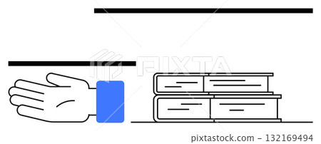 Open hand with blue sleeve reaching out to stack of books, underlined horizontal lines. Ideal for education, knowledge, learning, support, giving, assistance and studying. Line metaphor 132169494