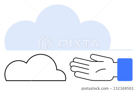 Cloud and hand line graphic embodying connection, technology, networking, communication, support, innovation, and data. Ideal for tech, connectivity cloud computing digital transformation 132169501