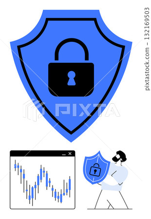 Cybersecurity shield with lock icon, stock market graph, and a man holding a shield. Ideal for data security, finance, technology, cyber protection, business, information assurance digital safety Cybersecurity shield with lock icon, stock market graph, and a man holding a shield. Ideal for data security, finance, technology, cyber protection, business, information assurance digital safety 132169503