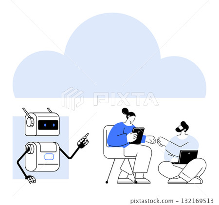 Robot instructs two people with tablets and laptops under a large blue cloud. Ideal for digital learning, artificial intelligence, remote work, technology education, online collaboration, cloud Robot instructs two people with tablets and laptops under a large blue cloud. Ideal for digital learning, artificial intelligence, remote work, technology education, online collaboration, cloud 132169513