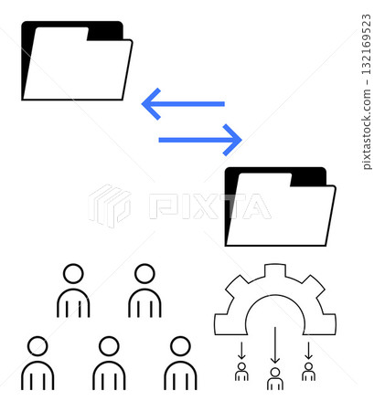 Two folders with blue double arrows, five people, and a gear with three arrows pointing to smaller icons. Ideal for teamwork, file sharing, automation, workflow, data exchange, collaboration. Line Two folders with blue double arrows, five people, and a gear with three arrows pointing to smaller icons. Ideal for teamwork, file sharing, automation, workflow, data exchange, collaboration. Line 132169523