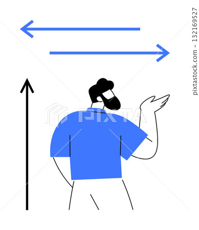 Person gesturing under two horizontal blue arrows and a vertical black arrow. Ideal for themes of direction, choice, communication, navigation, decision-making, leadership, strategy. Line metaphor Person gesturing under two horizontal blue arrows and a vertical black arrow. Ideal for themes of direction, choice, communication, navigation, decision-making, leadership, strategy. Line metaphor 132169527
