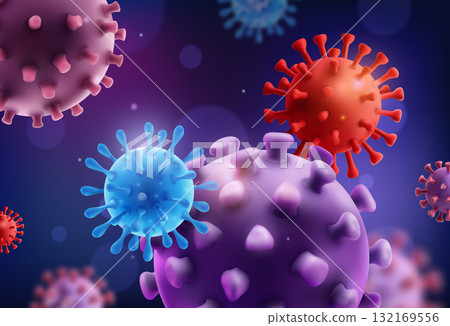 Virus Cell Close-Up Surrounded by Red Blood Cells 132169556