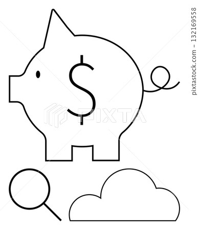 Piggy bank with a dollar sign, magnifying glass, and cloud. Ideal for financial planning, saving solutions, investment strategies, economic resources, financial literacy, banking concepts online Piggy bank with a dollar sign, magnifying glass, and cloud. Ideal for financial planning, saving solutions, investment strategies, economic resources, financial literacy, banking concepts online 132169558