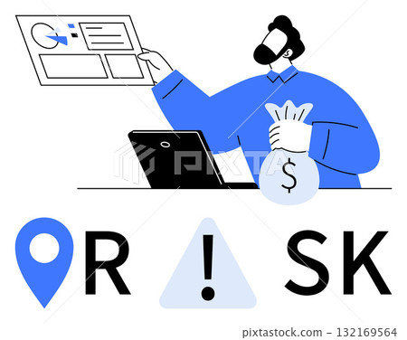 Businessman holding financial chart and money bag, evaluating data displayed on laptop. Ideal for financial analysis, investment strategies, risk management, business planning, market research 132169564