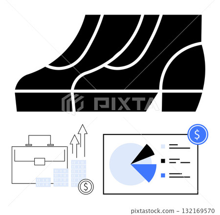 Shoes stepping up, briefcase, rising arrows with coins, and financial pie chart. Ideal for business, finance, success, growth progress investments and strategy themes. Line metaphor Shoes stepping up, briefcase, rising arrows with coins, and financial pie chart. Ideal for business, finance, success, growth progress investments and strategy themes. Line metaphor 132169570
