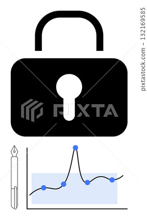 Padlock pen line graph with blue points highlight cybersecurity analytics data visualization technology, research, strategy, protection. Ideal for tech, business, education, finance, innovation Padlock pen line graph with blue points highlight cybersecurity analytics data visualization technology, research, strategy, protection. Ideal for tech, business, education, finance, innovation 132169585