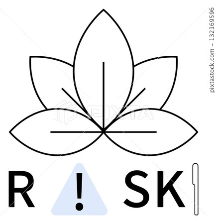 Leaf integrated with an exclamation mark inside a triangle replacing the A in the word RISK. Ideal for warnings, safety alerts, environmental messages, health advisories, risk assessments 132169596