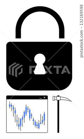 Large padlock, trading chart with fluctuating data, and pickaxe. Ideal for finance, security, blockchain, cryptocurrency, data protection cybersecurity digital investment. Line metaphor 132169598