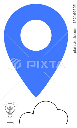 Large blue location marker symbol with black lightbulb and cloud icons below. Ideal for navigation, technology, innovation, cloud computing, geolocation, startups, creativity. Line metaphor 132169605
