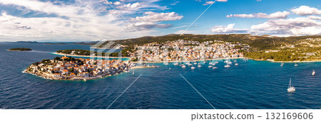 Amazing bird eye perspective of historic Primosten old town peninsula and Rogoznica harbor in Adriatic Croatia Amazing bird eye perspective of historic Primosten old town peninsula and Rogoznica harbor in Adriatic Croatia 132169606