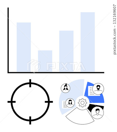 Bar chart with three blue bars, target symbol, pie chart with four segments including user profiles and gear. Ideal for business strategy, analytics, teamwork, goals, user targeting, data 132169607