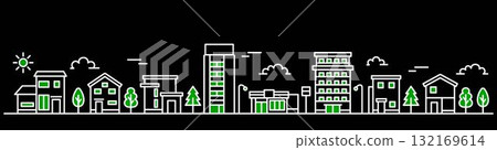 強調色綠色城市景觀插圖橫幅尺寸（背景黑色） 132169614