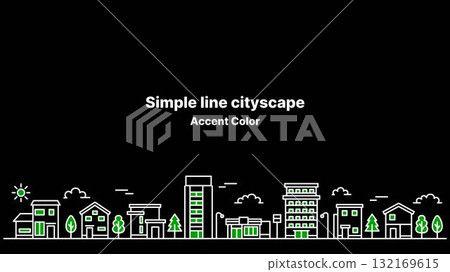 帶有綠色強調色的城市景觀插圖（寬屏，黑色背景） 132169615