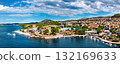 Beautiful aerial view of Sibenik coastal town with traditional Mediterranean architecture and turquoise Adriatic Sea waters 132169633