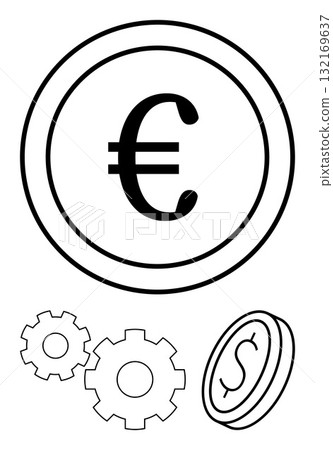 Euro coin, dollar coin, and three gears, representing financial interactions and economic mechanisms. Ideal for finance, banking, economy, business strategy, financial planning currency exchange Euro coin, dollar coin, and three gears, representing financial interactions and economic mechanisms. Ideal for finance, banking, economy, business strategy, financial planning currency exchange 132169637