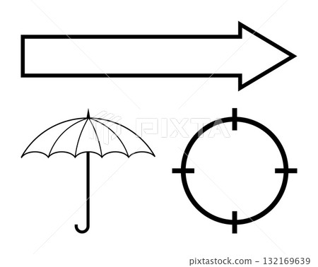 Black and white outline of an arrow, umbrella, and target circle. Ideal for themes of direction, guidance, protection, security, goals precision navigation. Line metaphor Black and white outline of an arrow, umbrella, and target circle. Ideal for themes of direction, guidance, protection, security, goals precision navigation. Line metaphor 132169639