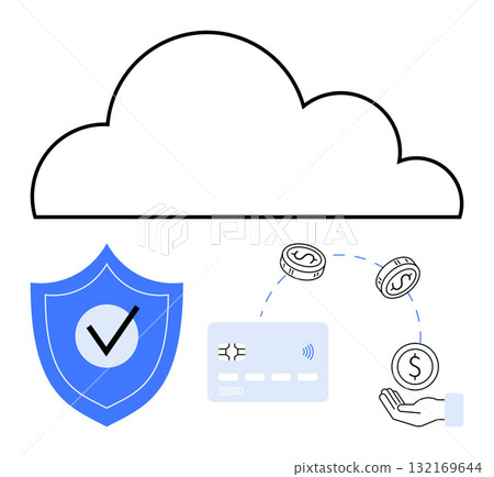 Cloud outline, shield with checkmark, credit card, coins, and hand gesture. Ideal for cloud computing, online security, financial transactions, fintech data protection digital payments 132169644