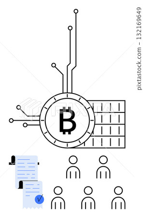 Blockchain with Bitcoin symbol, circuit lines, connected people nodes, and secure transaction documents. Ideal for blockchain, cryptocurrency, digital economy, decentralization, secure transactions Blockchain with Bitcoin symbol, circuit lines, connected people nodes, and secure transaction documents. Ideal for blockchain, cryptocurrency, digital economy, decentralization, secure transactions 132169649