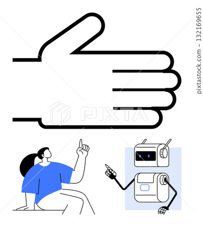 Oversized hand signaling a woman raising her finger, and a robot gesturing. Ideal for communication, teamwork, technology, human-robot interaction, guidance, innovation, and support themes. Line 132169655