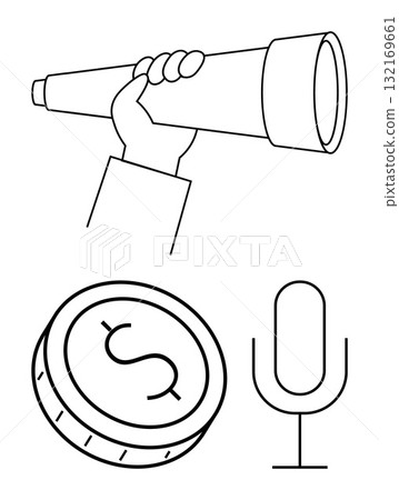 Hand holding telescope, dollar coin with dollar sign, microphone. Ideal for business exploration, financial success, podcasting, communication, investment vision futurism. Line metaphor 132169661